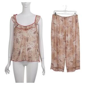 JOSIE NATORI Vtg 2pc Pajama Set L Brown Red Floral Animal Print Top Pants Sheer